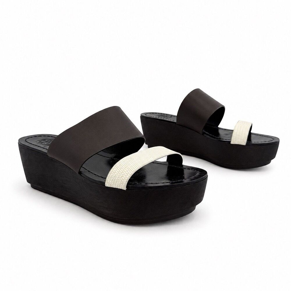 Tory Burch Wedge Slide Sandals Brown Ivory Leather Platform Slides Size 8M